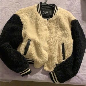 Fuzzy varsity jacket
